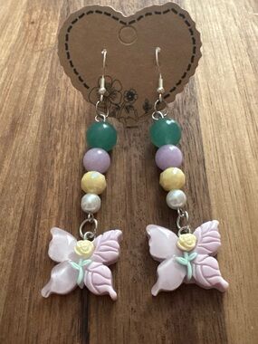 Handmade Pastel Butterfly Drop Earrings w/ Green Aventurine & Dyed Quartz